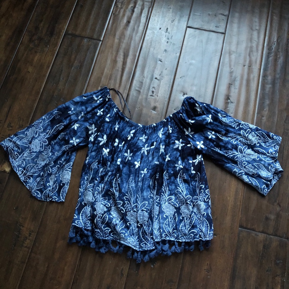 Blue quarter sleeve off the shoulder with tassels